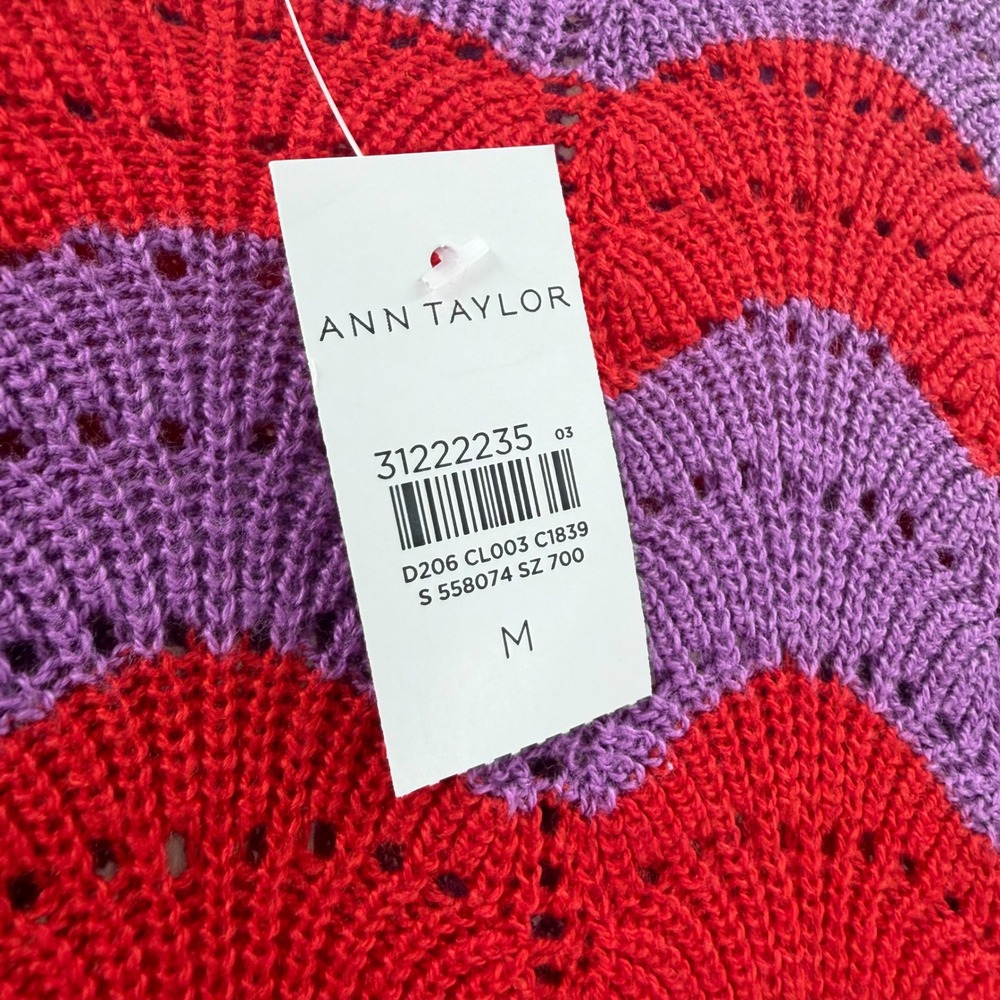 Ann Taylor Red Purple Wavy Chevron Pointelle Knit Sweater Womens Medium NWT - Picture 4 of 13